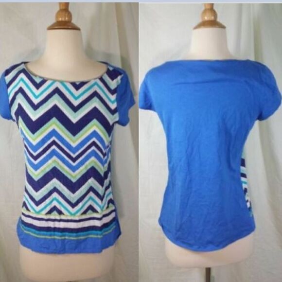 C. WONDER 𝅺c Wonder Blue Chevron Stretch Silk Blouse top XS - Picture 1 of 7